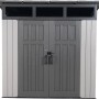 Lifetime Gerätehaus Merkur, dunkelgraues Kunststoff-Gartenhaus mit Doppeltür und Oberlicht.