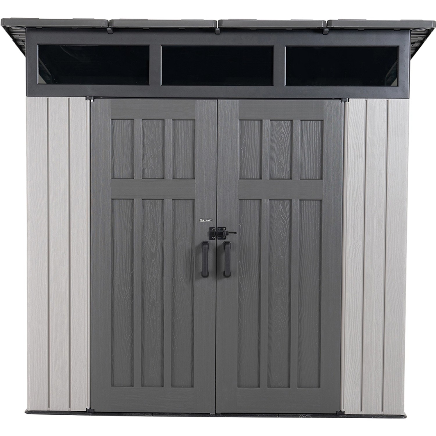 Lifetime Gerätehaus Merkur, dunkelgraues Kunststoff-Gartenhaus mit Doppeltür und Oberlicht.