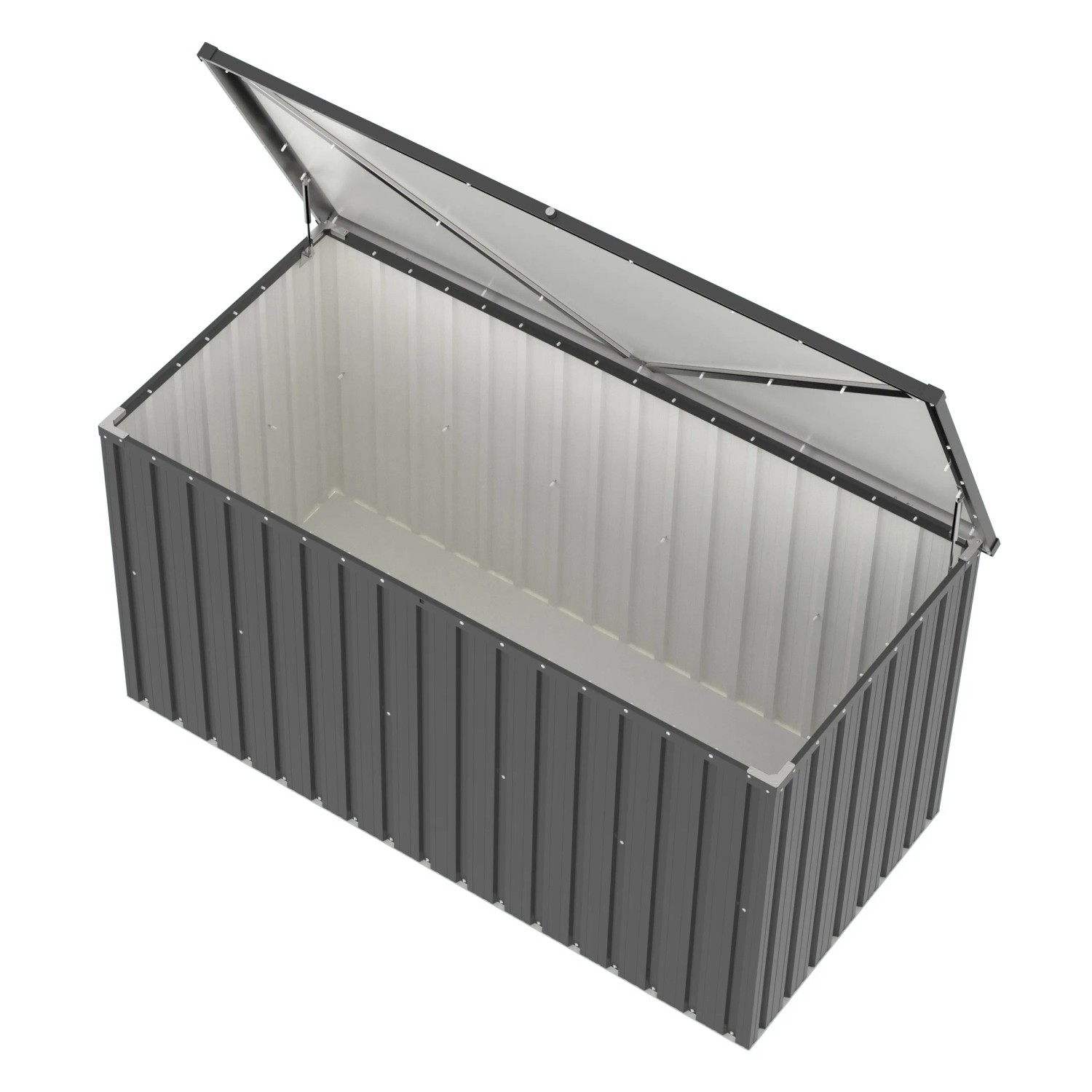 Geöffnete, anthrazitfarbene Tepro Universalbox Store X-Large aus Metall, geeignet für Garten und Terrasse.
