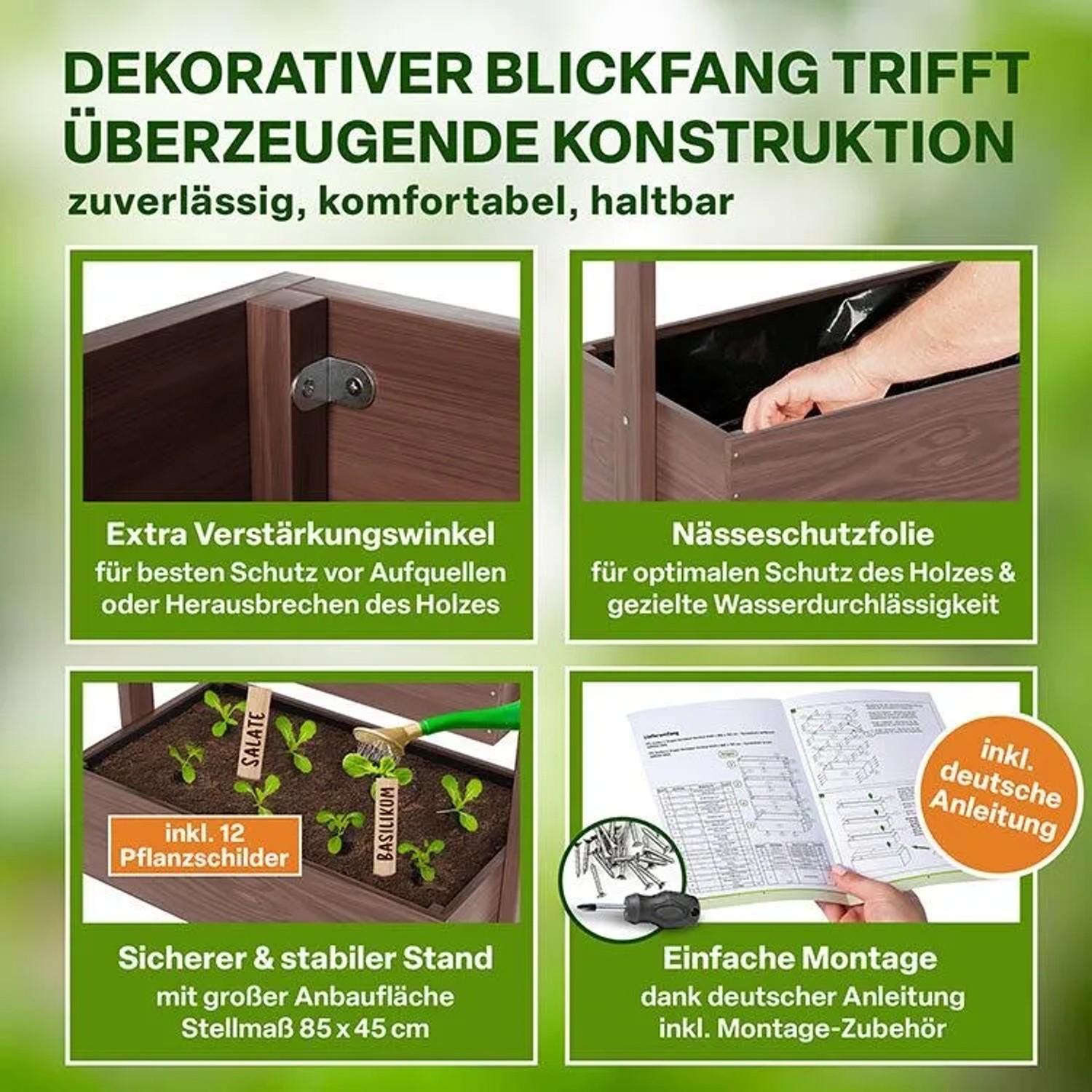 Detailansicht TTL Garden Hochbeet mit 4 Etagen aus braunem Holz, Fokus auf Konstruktion und Aufbau.