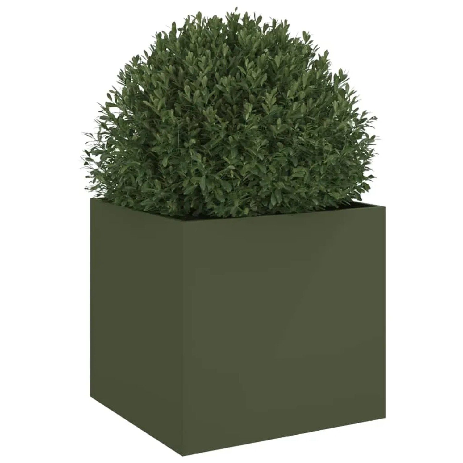 Quadratischer olivgrüner Pflanzkübel aus Stahl mit grüner Pflanze. Ideal für Garten und Balkon.