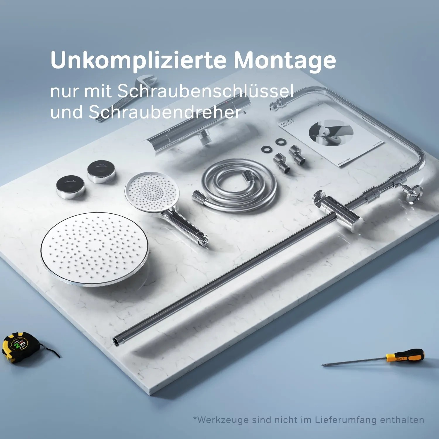 AM.PM Duschsystem X-Joy Chrom: Brausearmatur, Regendusche, Handbrause, Thermostat und Zubehör auf Marmor.