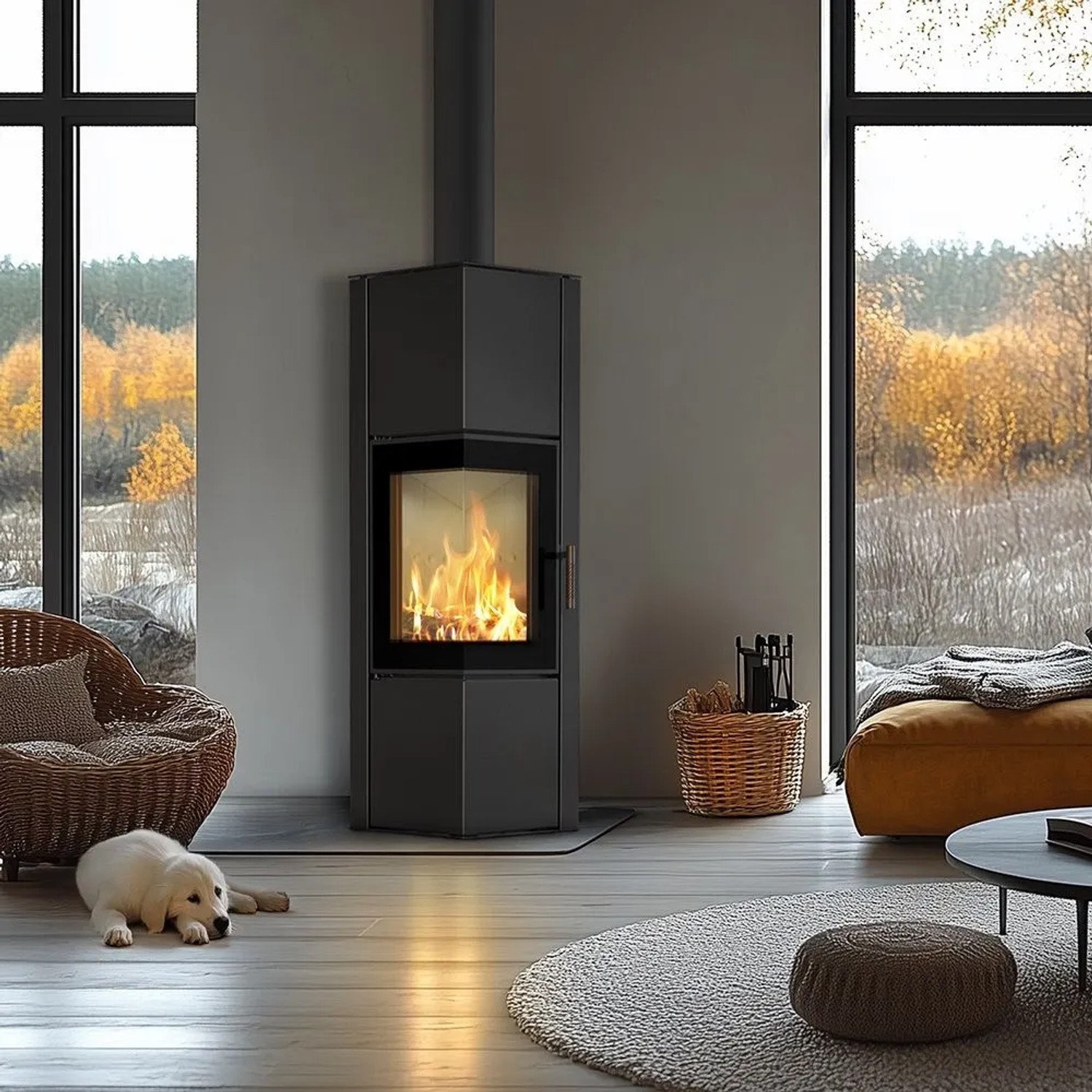 ILDNORD Eck-Kaminofen ODYN M, 8 kW, in modernem Wohnraum mit brennendem Feuer.