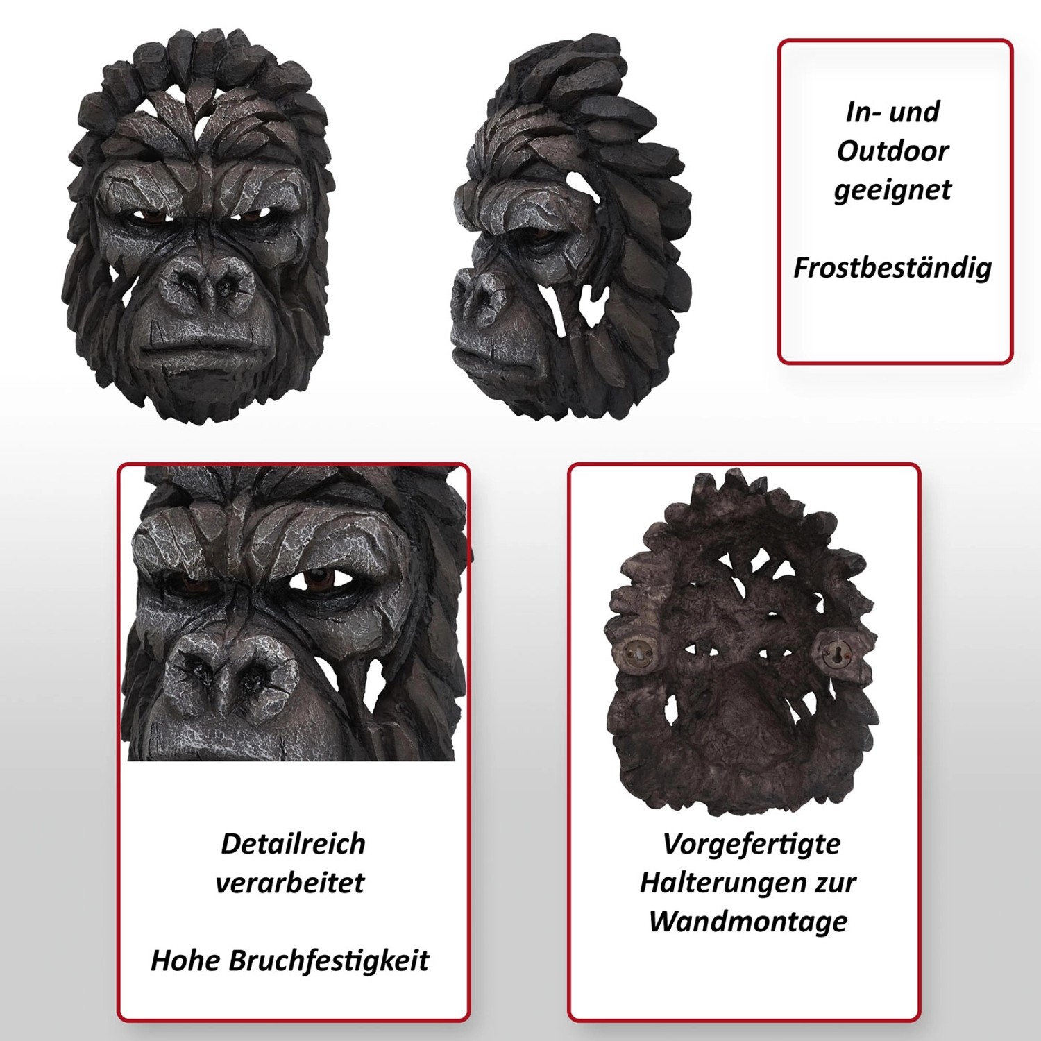 Detailreicher Deko Schädel Gorillakopf (34cm) zur Wandmontage, frostbeständig.