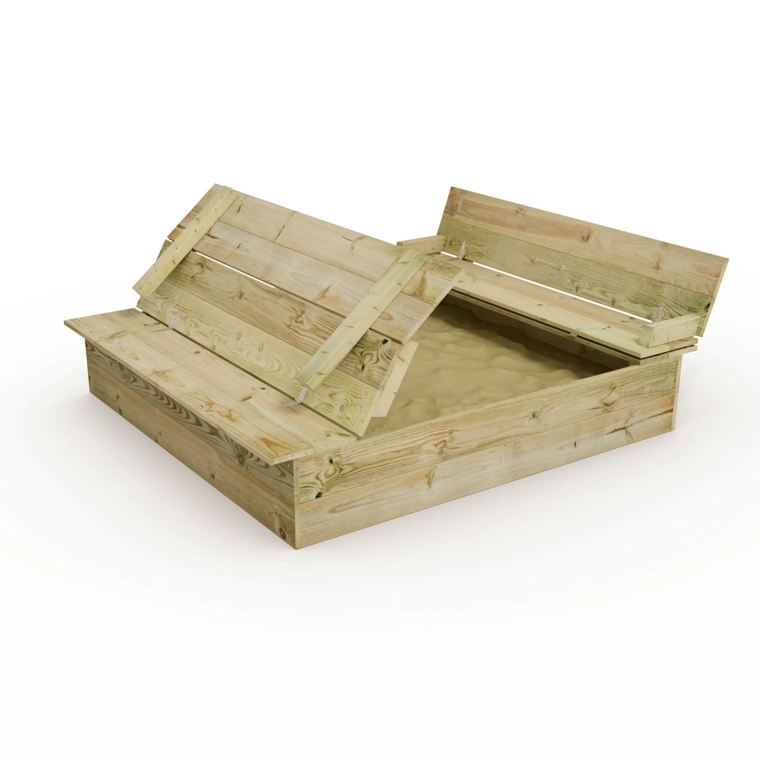 Wickey Sandkasten Flippey 150x165 cm aus Holz mit Sitzfläche und Sand.