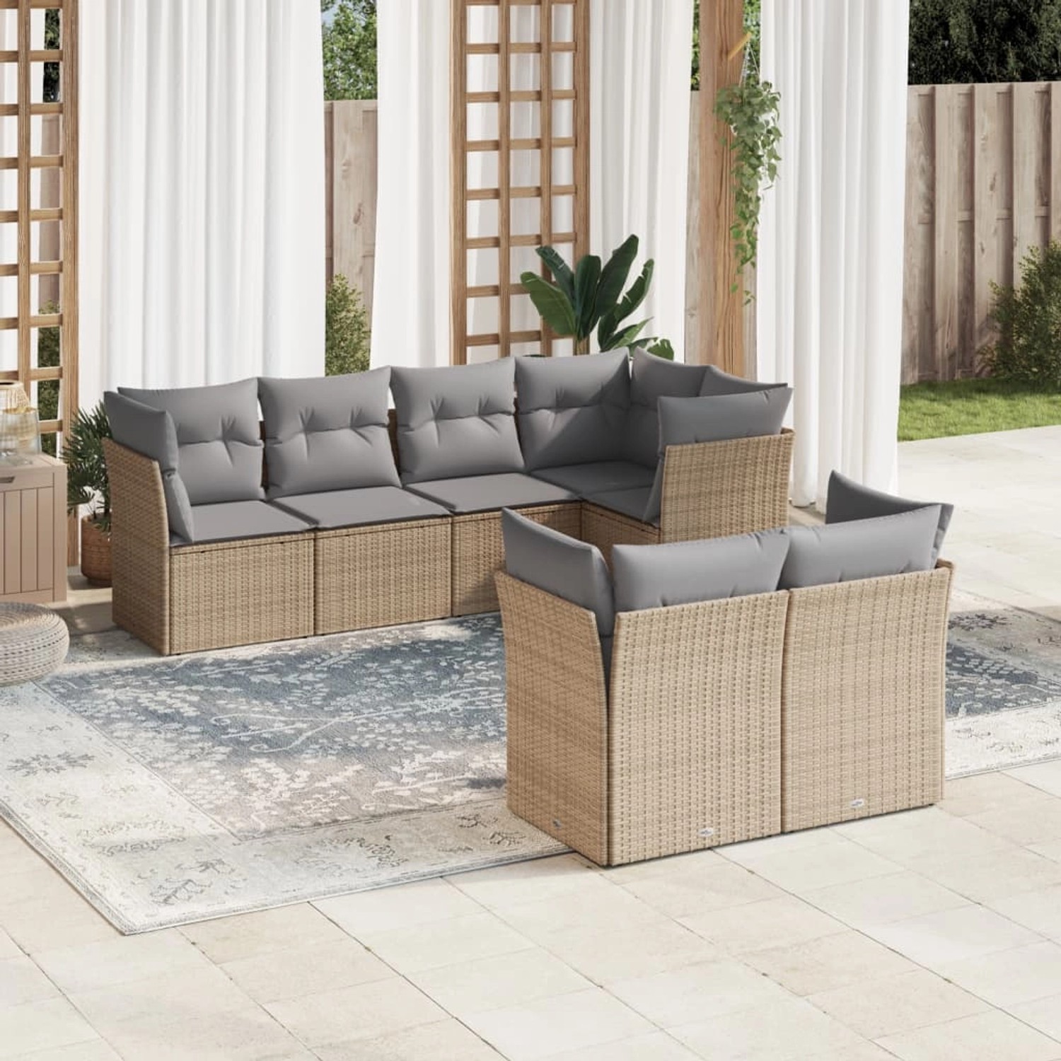 Beige 7-tlg. Garten-Sofagarnitur aus Polyrattan mit grauen Kissen. Modulare Gartenmöbel für Terrasse und Garten.