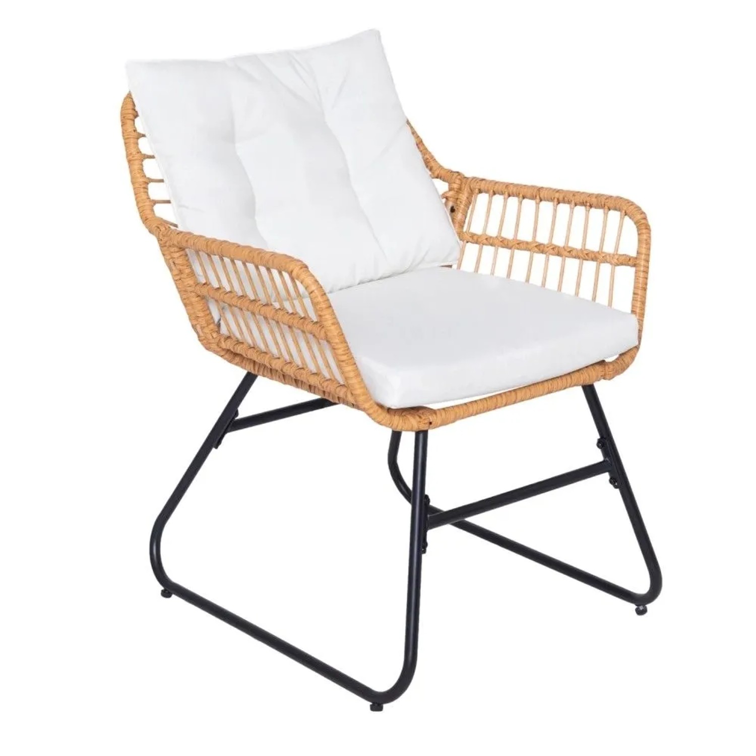 Naturbrauner Rattan Sessel Svita Amalfi mit weißen Polstern und schwarzem Metallgestell. Bequemer Gartenlounge Stuhl für Balkon & Outdoor.