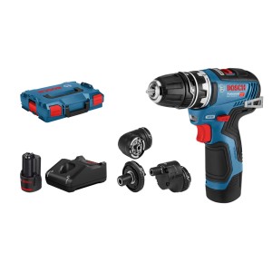 Bosch Professional Akku Bohrschrauber GSR 12V-35 FC Set mit FlexiClick Aufsätzen, Akkus, Ladegerät und L-Boxx.