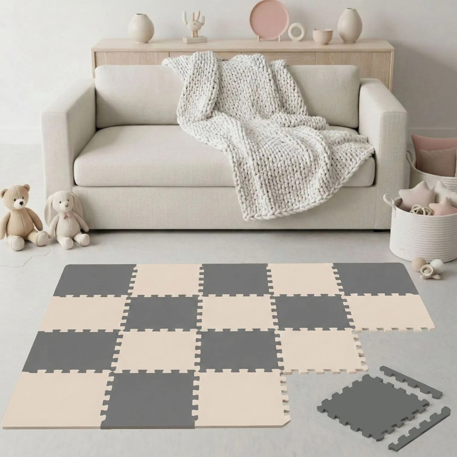 LittleTom Spiel- & Krabbelmatte Puzzlematte 18-teilig 30 x 30 cm Grau Beige
