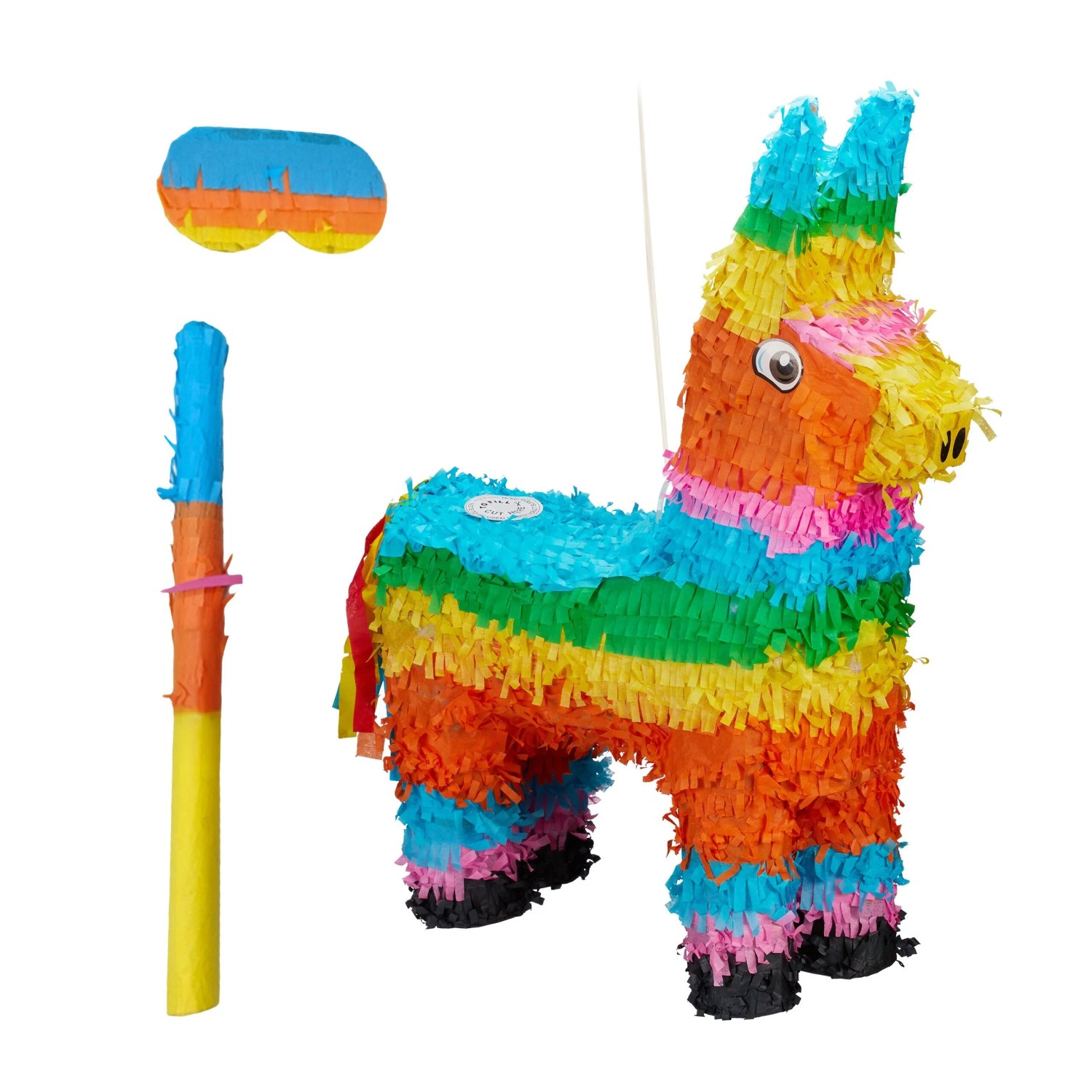Relaxdays Pinata Esel Papier Pappe Kunststoff Bunt Mit Stab und Maske 56 cm x 41 cm x 13 cm 260 g