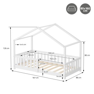 ML-Design Hausbett 80x160 cm, weißes Kinderbett aus Kiefernholz mit Rausfallschutz, Maße.