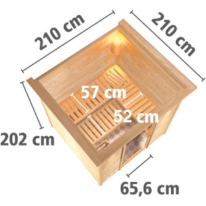 Karibu Sauna Rikka mit Bio-Ofen, Aufsicht mit Maßen. Elementsauna aus Holz mit Glastür und Bänken.