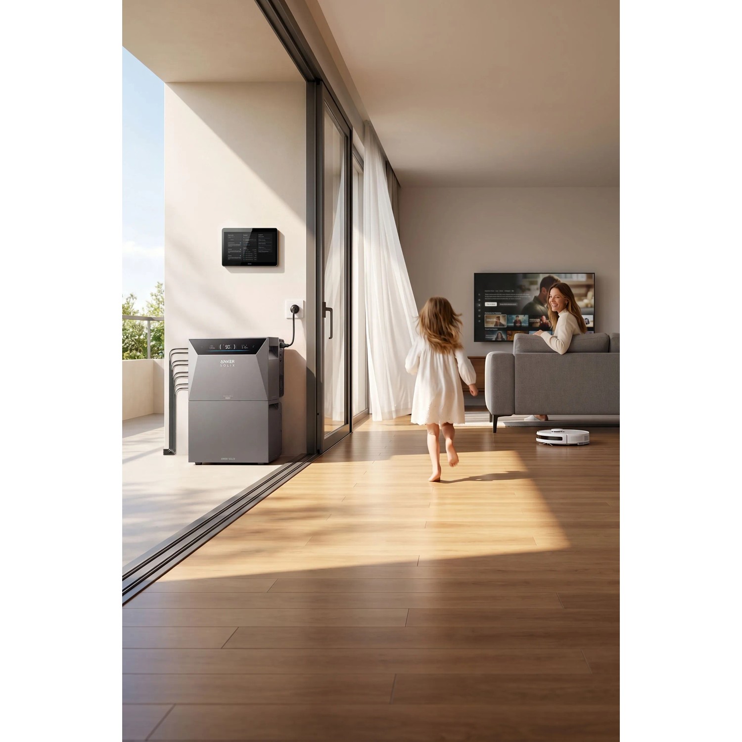 Anker Solix Solarbank 4 E5000 Pro Balkonkraftwerk auf Terrasse, verbunden mit Hausstrom. Modernes Wohnzimmer.