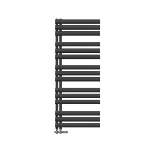 Anthrazitfarbener Emke Badheizkörper mit ovalen Röhren, 143x40cm, 510W, als Handtuchwärmer.