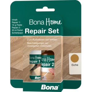 Bona Home Repair Set Eiche für Holzböden: Reparaturpaste, Lack, Pinsel und Schleifpapier im Set.