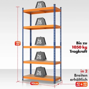 Blau-oranges Schwerlastregal Rhino mit 5 Böden, Tragkraft 1050 kg, ideal für Werkstatt und Lager.