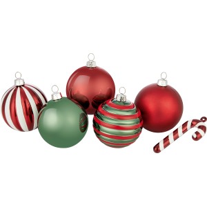 Weihnachtskugel Set, 50-teilig, Ø 6cm, amerikanischer Stil mit Kugeln, Zuckerstange in Rot, Weiß, Grün.