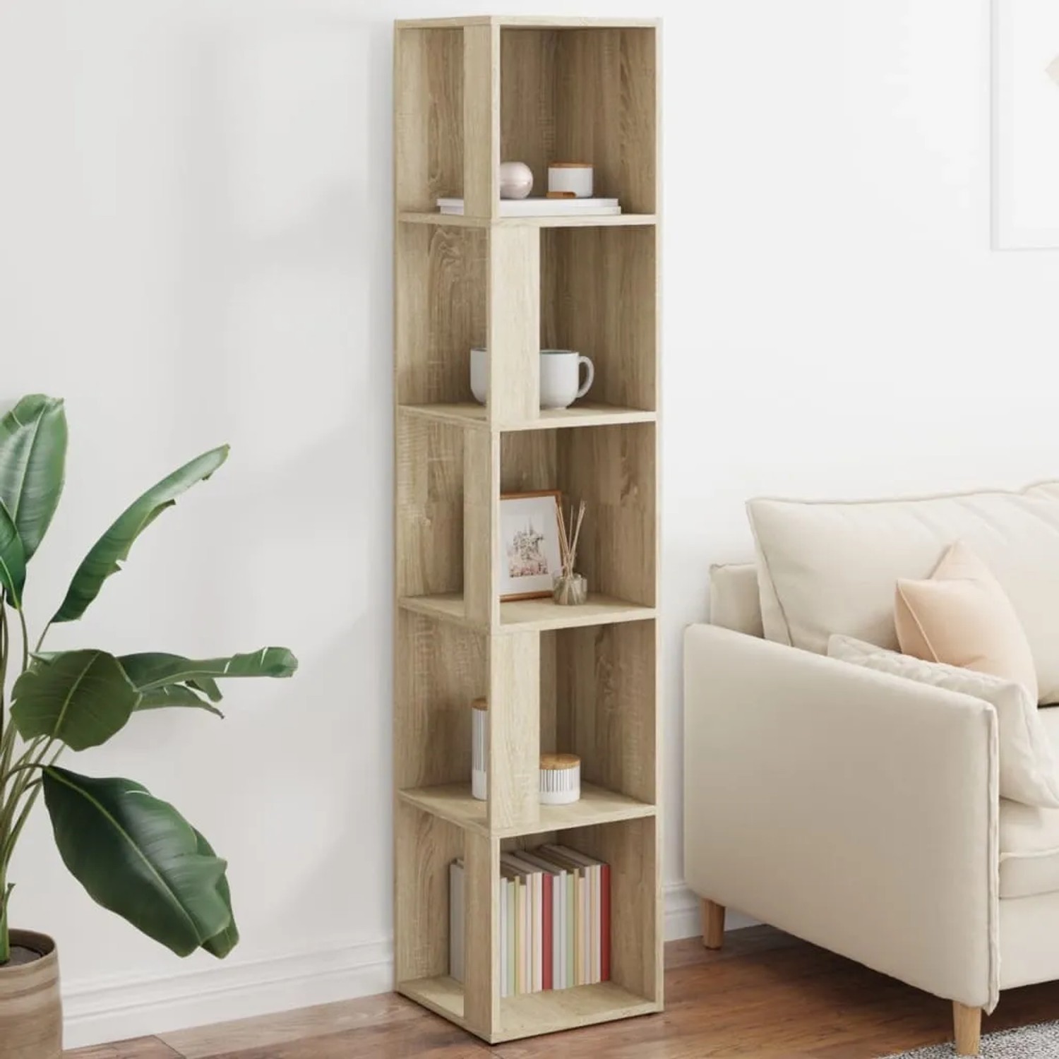 Eckregal Sonoma-Eiche mit 5 Fächern, Holzwerkstoff, für Büro oder Wohnzimmer.