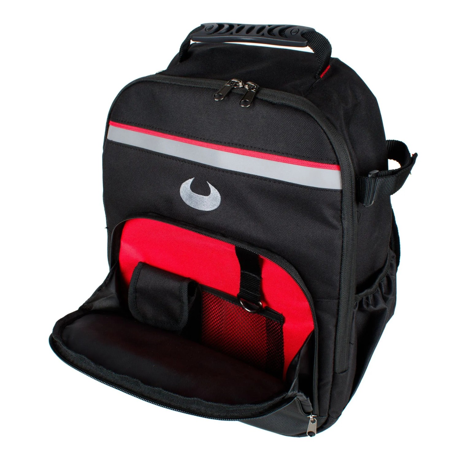 Mephisto Werkzeugrucksack Fire, schwarz-grau-rot, mit gepolsterten Trägern und separater Einlage.