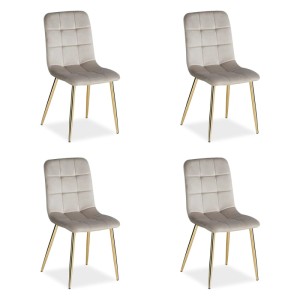 Vier beige Samt Esszimmerstühle mit gesteppter Rückenlehne und goldenen Metallfüßen im modernen Design.