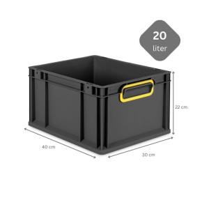 Schwarze 20L Eurobox mit gelben Griffen. PROREGAL Aufbewahrungsbox, Transportbox.