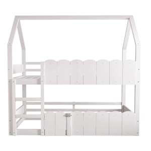Weißes Kinder-Etagenbett 90x200cm im Hausdesign mit Sicherheitsgittern und Leiter.