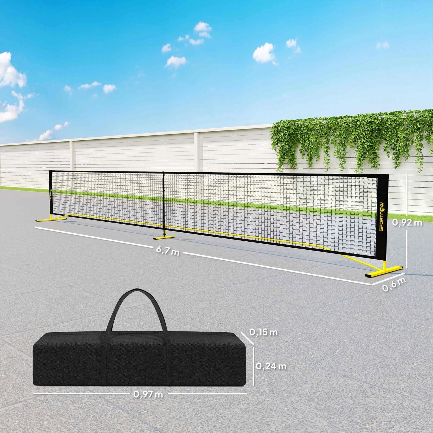 SPORTNOW Pickleball Netz, gelb-schwarz, 6,7m lang, mit Metallrahmen und Tragetasche. Für Sport & Fitnessgeräte.