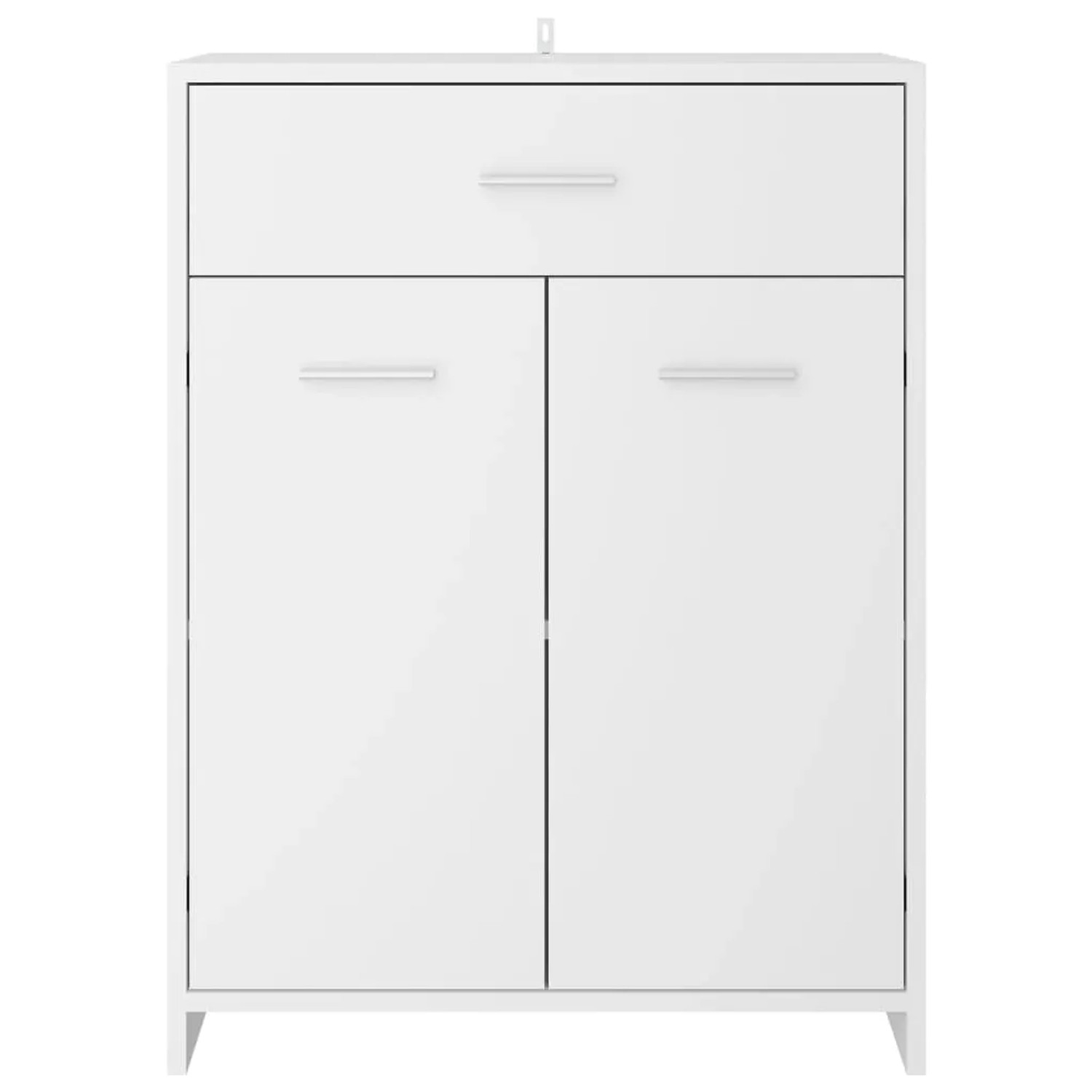 Weißer vidaXL Badezimmerschrank (60x33x80 cm) aus Holzwerkstoff mit Schublade und zwei Türen.
