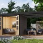 Karibu Gartenhaus Set Ernesto B in Terragrau-Anthrazit mit Anbaudach und Lounge-Bereich.
