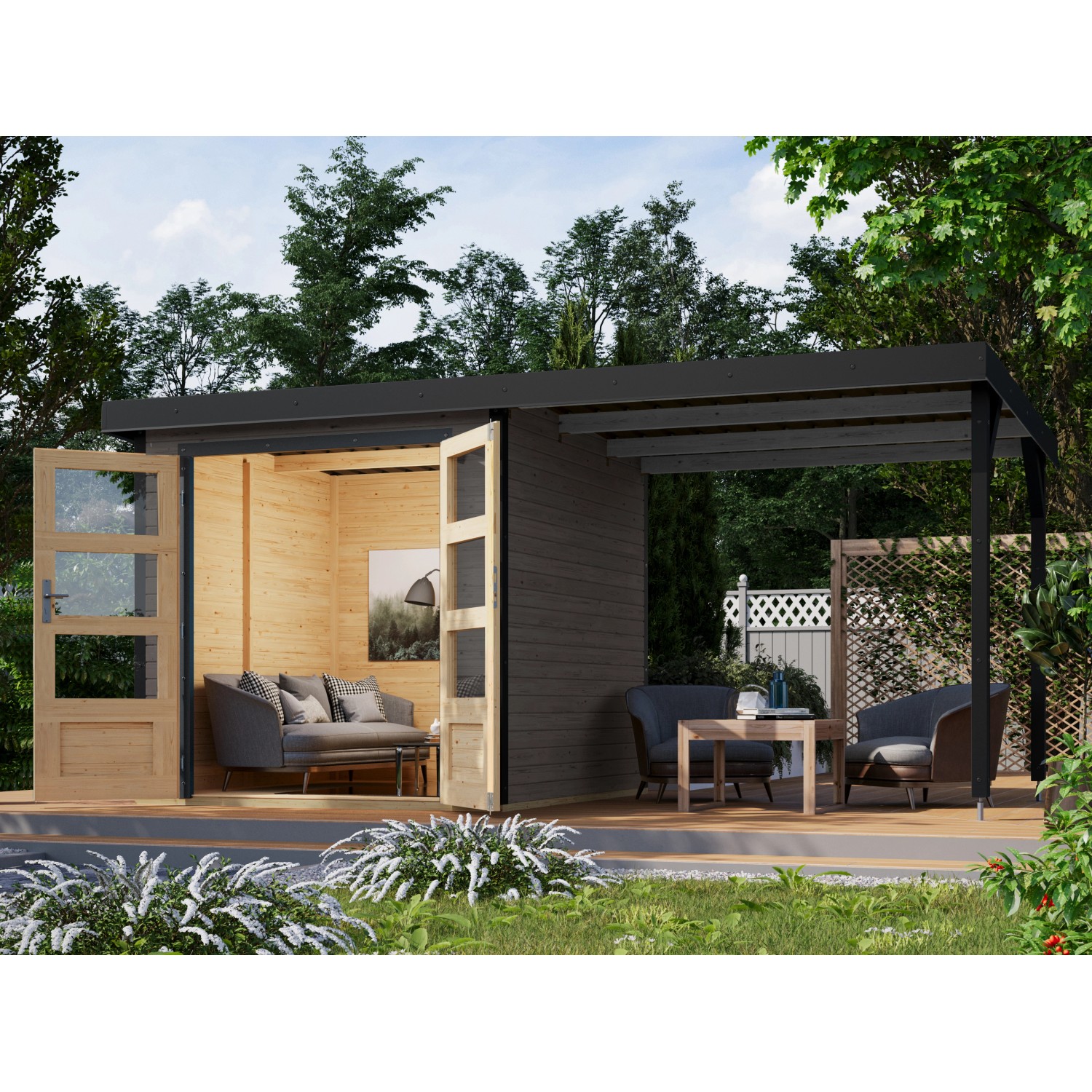 Karibu Gartenhaus/Gerätehaus Set Ernesto B Terragrau-Anthrazit mit Anbaudach 4,45 m²