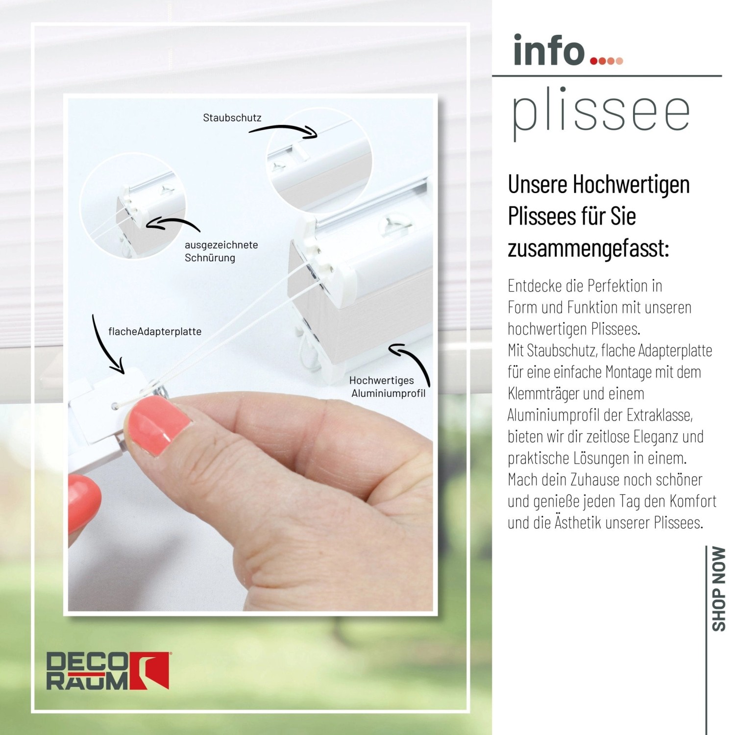 Detailaufnahme: Weißes Plissee Basic von Deco-Raum mit Klemmfix-Montage, Dekoartikel für Fenster.