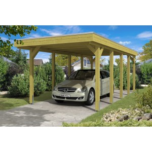 Skan Holz Einzelcarport Friesland mit Flachdach und Auto. Holzkonstruktion mit Aluminiumplatten.