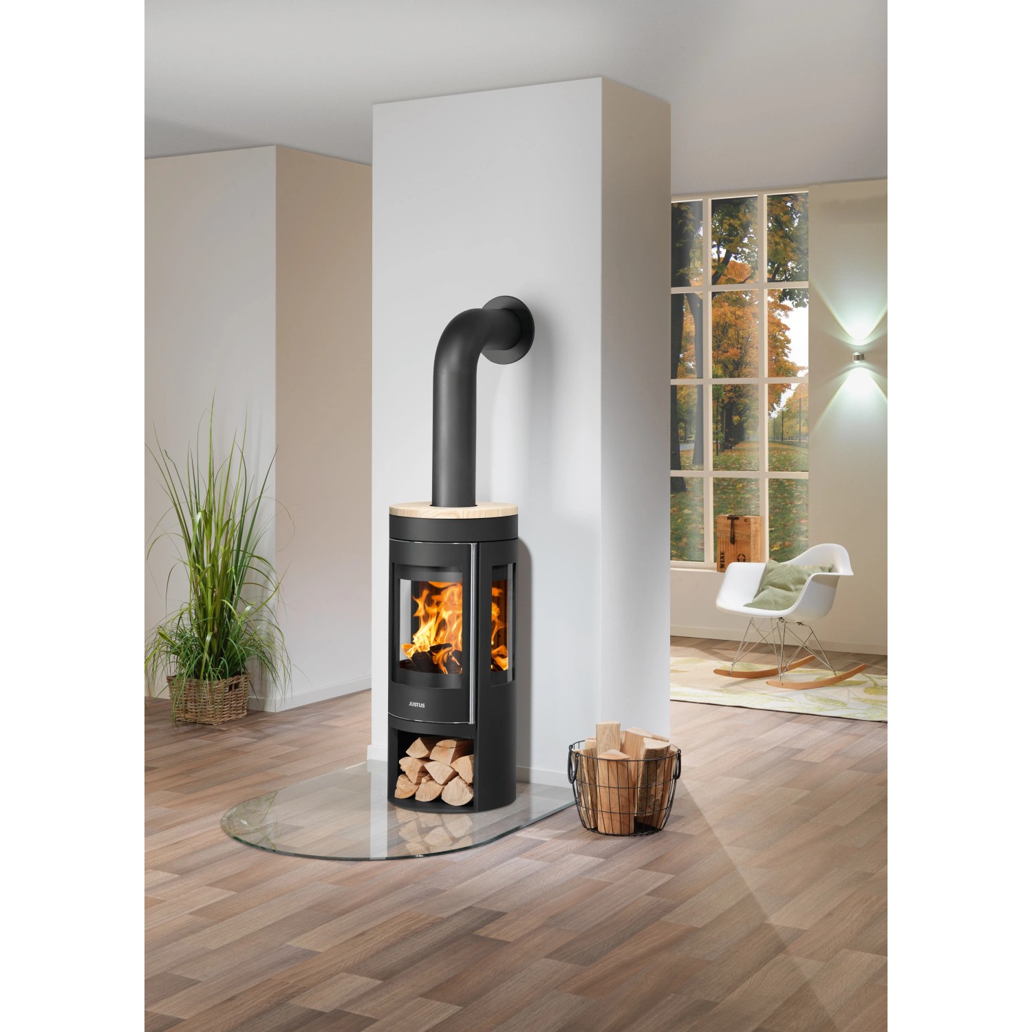 Justus Kaminofen Mino Trios 2.0, Stahl schwarz mit Sandstein Holzoptik, 5 kW, Energieeffizienzklasse A+