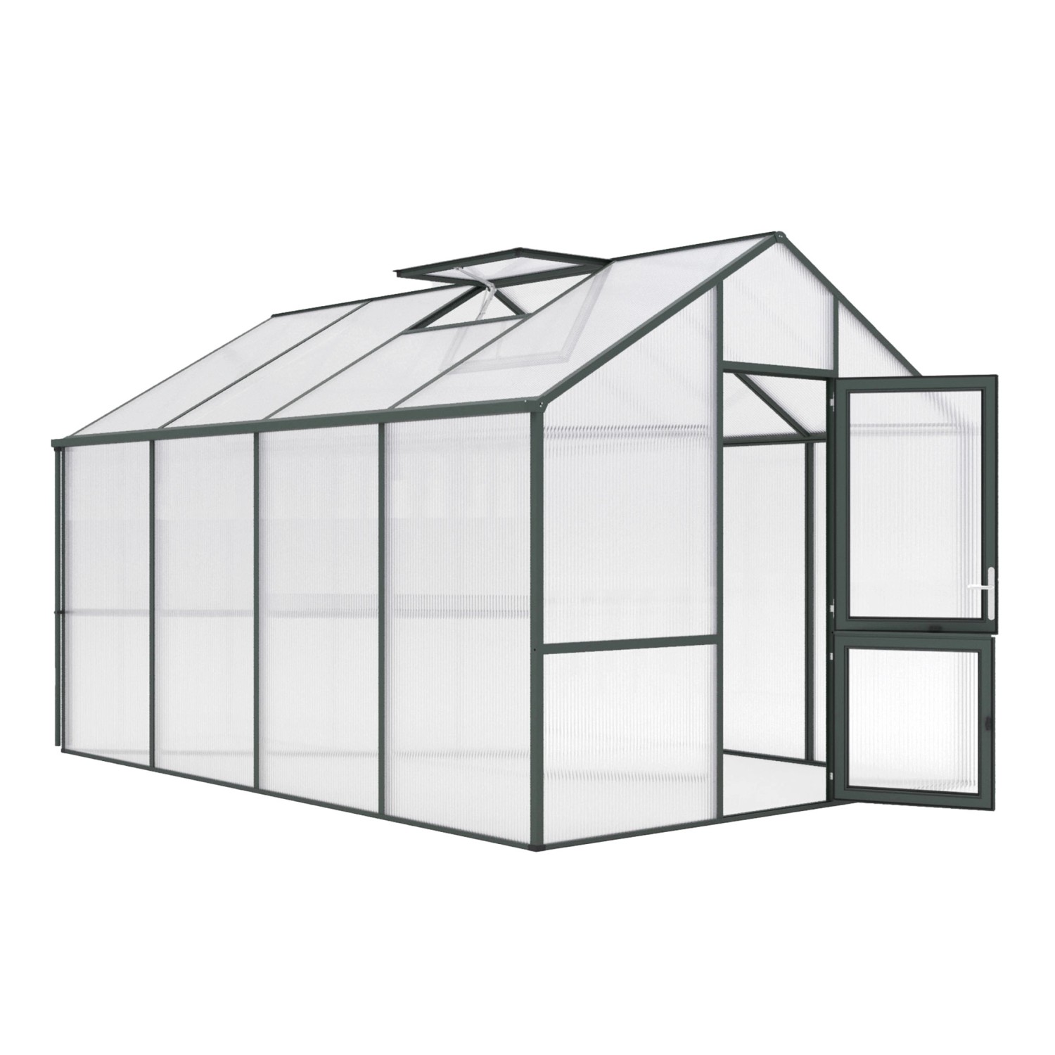 KGT Gewächshaus Tannengrün, 12,74 m², mit geöffneter Tür und Dachfenster.