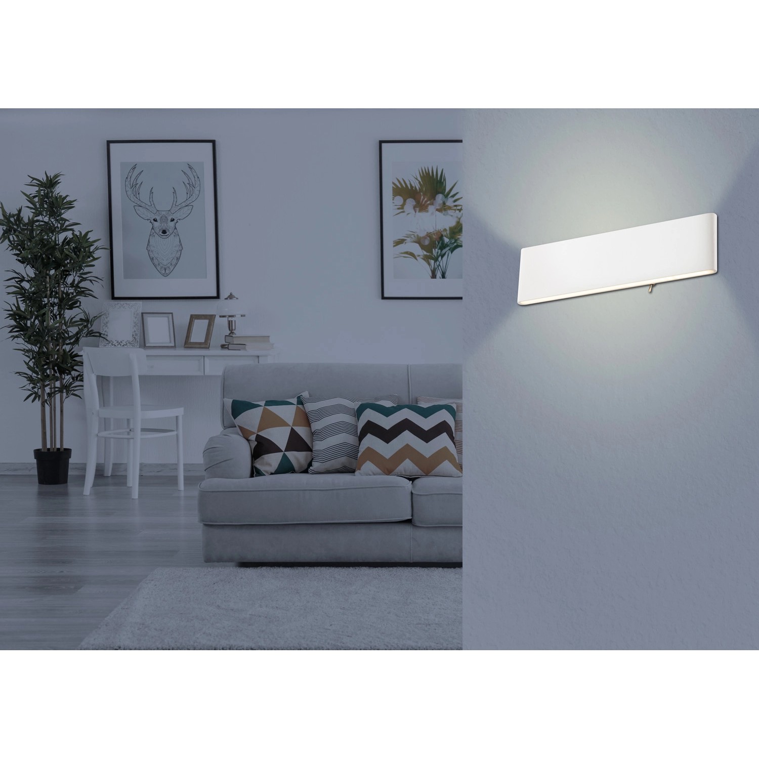 Moderne, weiße LED-Wandleuchte Siegfried von Globo, 29,5x8cm, im Wohnraum.