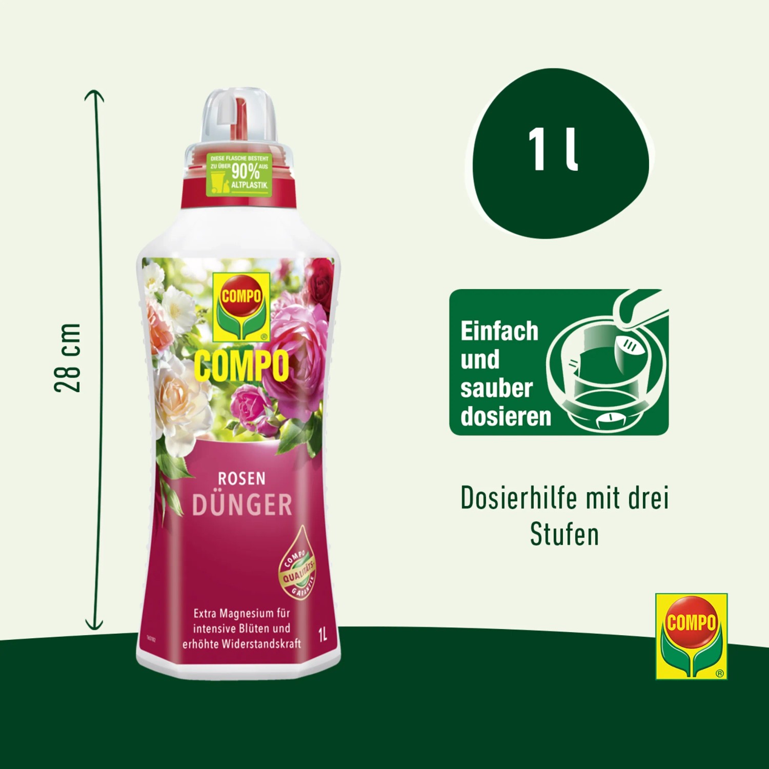 Compo Rosendünger 1 l Flasche: Flüssigdünger für Rosen, mit Dosierhilfe.