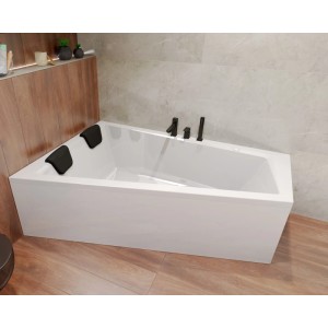 Weiße Bad Land Eckbadewanne INTIMA 150x85 mit Kopfstützen und Ablaufgarnitur.