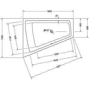 Technische Zeichnung der Duravit Paiova Eckbadewanne 180x140 cm, Einbauversion links, mit Maßangaben.
