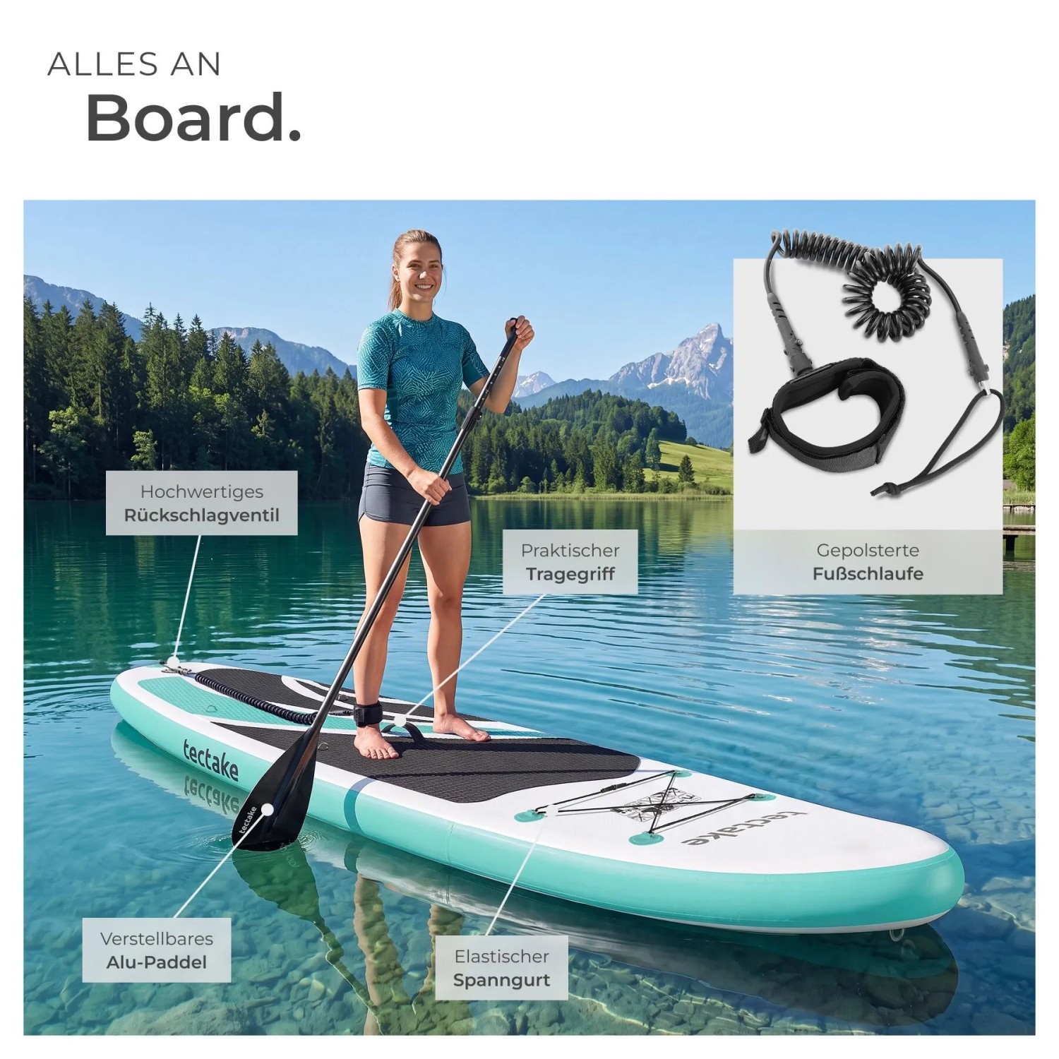 Tectake Stand Up Paddle Board Zenon, weiß-türkis, mit Frau auf See. Zeigt verstellbares Paddel, Spanngurt, Tragegriff, Fußschlaufe.