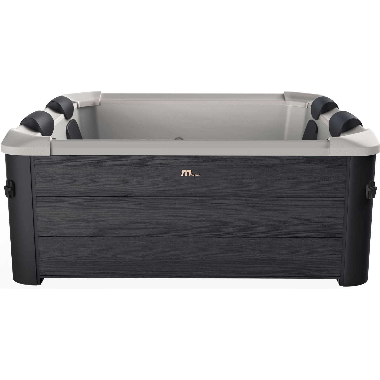 MSpa Frame Whirlpool Oslo mit Hydromassage, Aussenansicht mit grauer Holzverkleidung und Kopfstützen.
