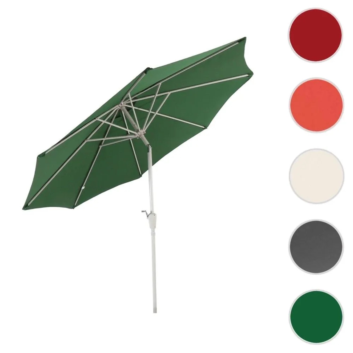 Grüner MCW Sonnenschirm Asti, Ø 3m, mit silbernem Gestell und Kurbel, neigbar. Ideal für Garten & Balkon.