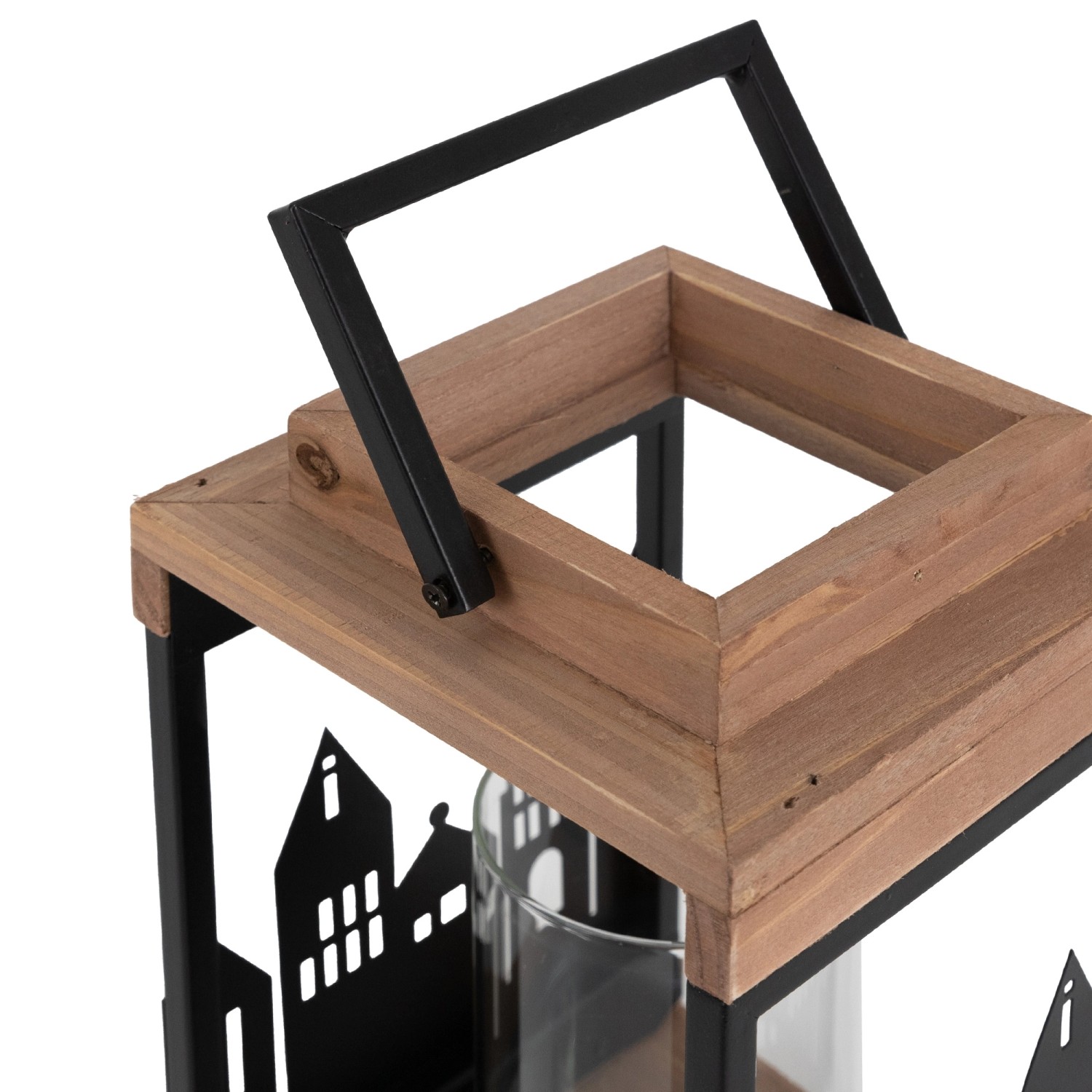 Holzlaterne 22cm mit Stadt Muster und Kerzenständer, Holz/Metall Laterne mit Henkel
