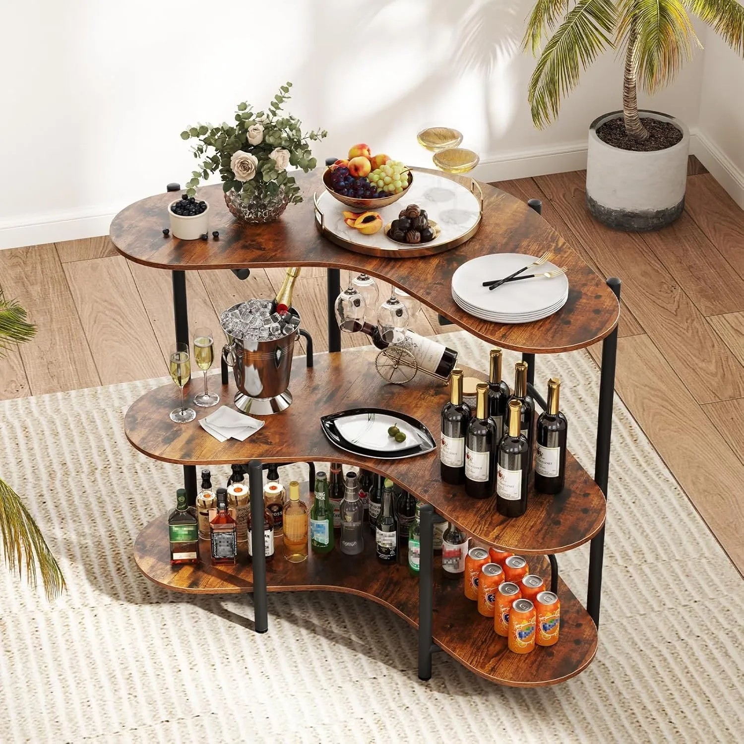 Costway 3 Ebenen Hausbar mit Glashalter Braun 120 x 66 x 102 cm_5