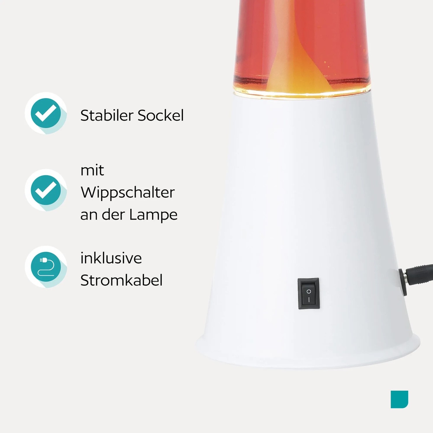 Weiße Eglo LED-Lavatischleuchte mit Wippschalter am Sockel und Stromkabel. Weinrote Flüssigkeit, orange Wachs.