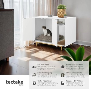 Weiß-goldener Tectake Katzenschrank Kalea mit seitlichem Eingang und zwei Flügeltüren. Katze sitzt im Schrank.