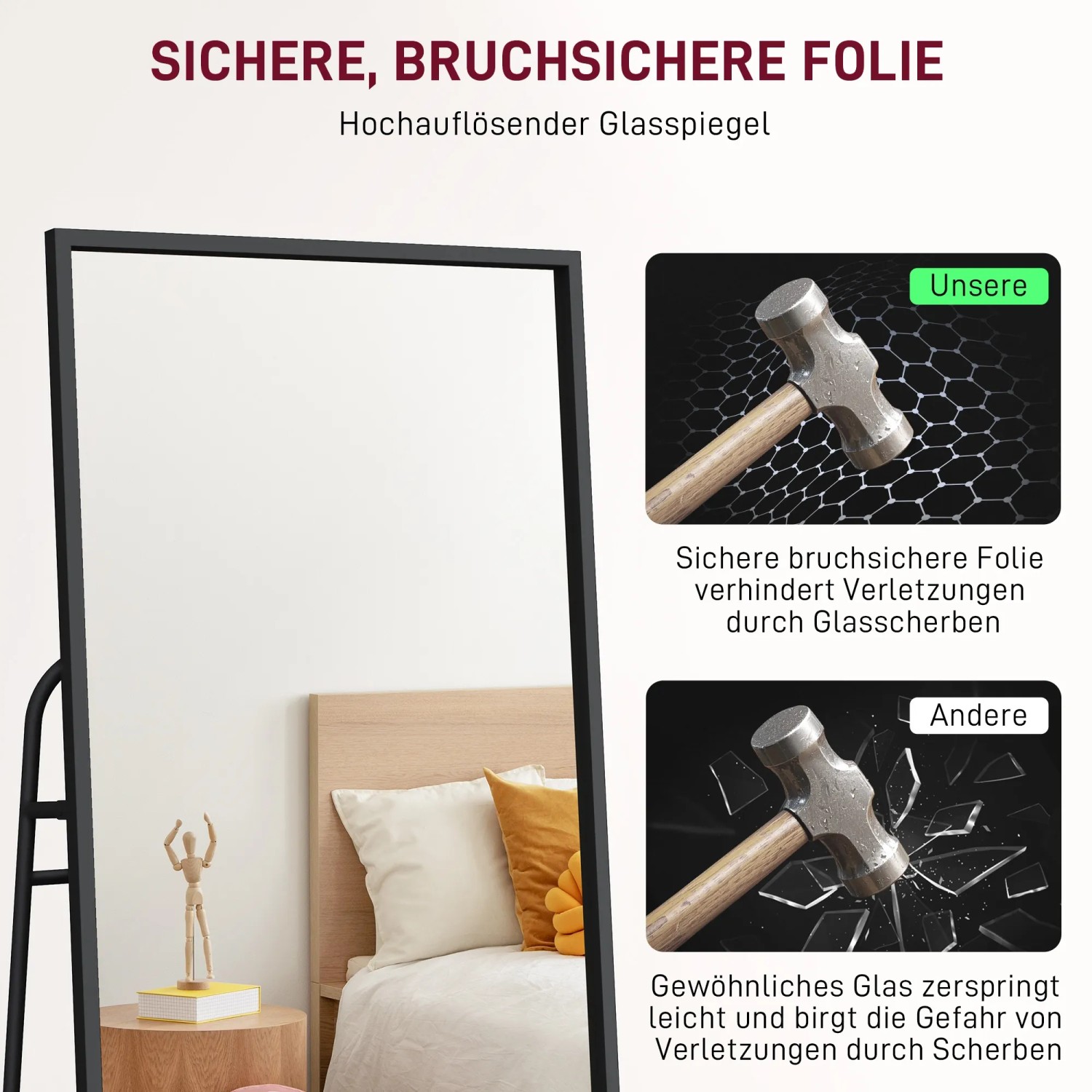 Schwarzer HOMCOM Ganzkörperspiegel mit Metallrahmen und splitterfreier Folie.