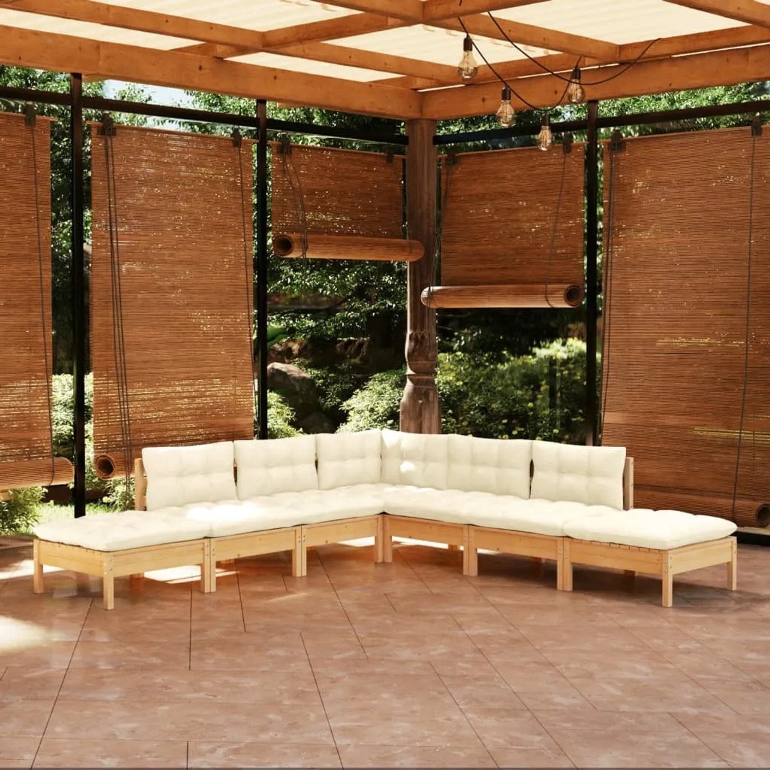 7-tlg. Garten Lounge Set aus Kiefernholz mit creme Kissen für Terrasse & Garten.