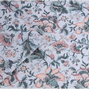 Laura Ashley Vliestapete Portia Pale Slate mit floralem Muster in Grau, Grün und Rosa.