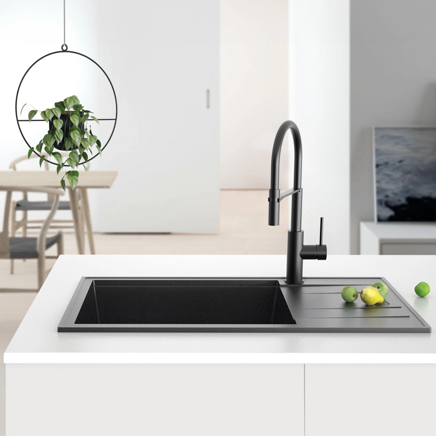 Moderne graphitfarbene Miló Einbauspüle Luxuria 86 aus Granitverbundstoff mit Abtropffläche.