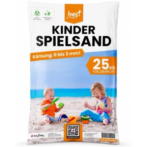 Weißer best for kids Spielsand 25 kg Sack mit spielenden Kindern am Strand. Gewaschener Quarzsand für Sandkasten, Körnung 0-3 mm.